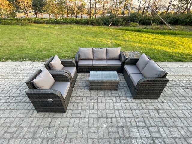 Fimous 7 Seater Rattan Wicker Garden Furniture Patio Conservatory Sofa Set with Rectangular Coffee Table 3 Seater Sofa Love Sofa Side Table