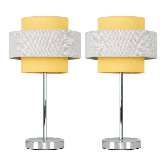 ValueLights Weaver Pair Chrome Touch Table Lamps Mustard Grey Shades and Bulbs