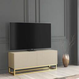TV Unit TV Stand Cabinet Sideboard Media Console Storage Fluted Doors Cashmere Matt Gold Metal Base Living Room Furniture 100cm