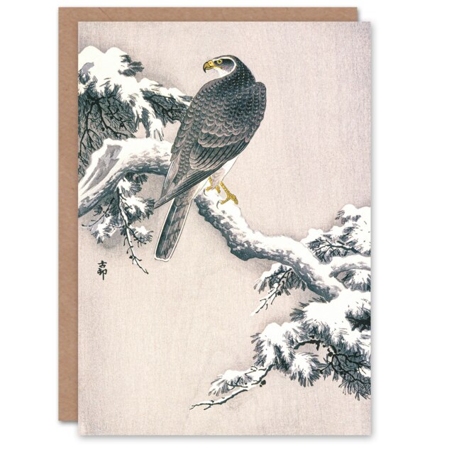 Ohara Koson Art Card Goshawk On Snow Covered Pine