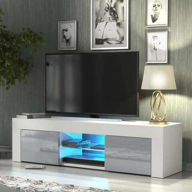 TV Unit TV Stand Cabinet Sideboard Grey High Gloss Doors Free LED 130cm