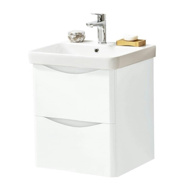Bathroom Wall Mounted 2-Drawer Vanity Unit with Basin 500mm Wide - Gloss White - (Arch) - Brassware Not Included White White 1