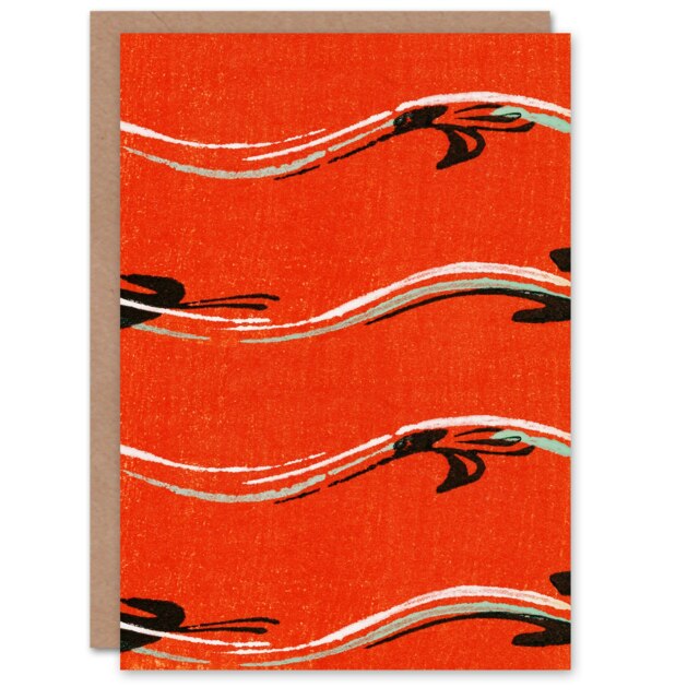 Furuya Korin Japanese Art Card Vintage Pattern Abstract Birds in Red