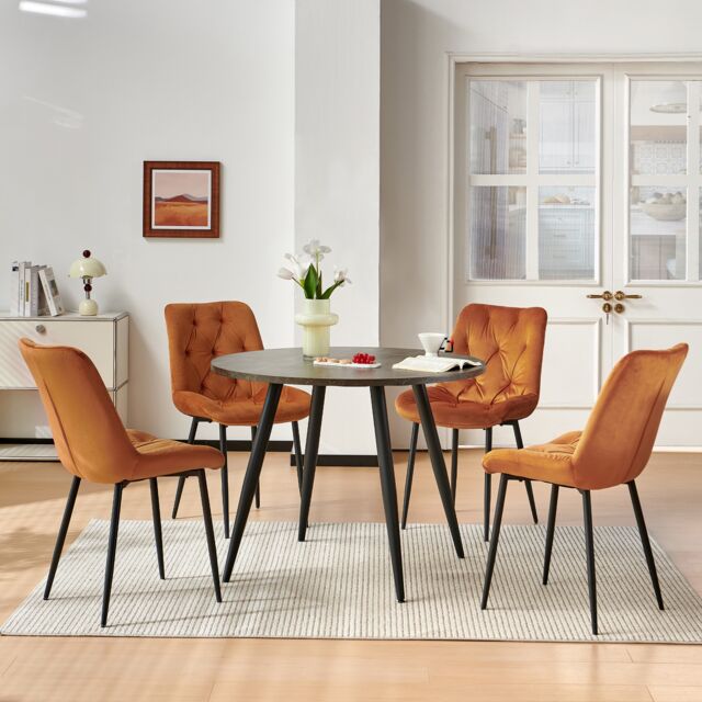 SONARA Grey Marble Round Dining Table and Velvet Chairs Set, Modern 4 Seater for Dining Room