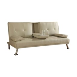 Faux Leather Clic Clac Luxury Sofa Bed with Drink Cup Holder In Cream