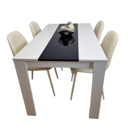 Wooden White Black Dining Table with 4 Cream Faux Leather Chairs Set