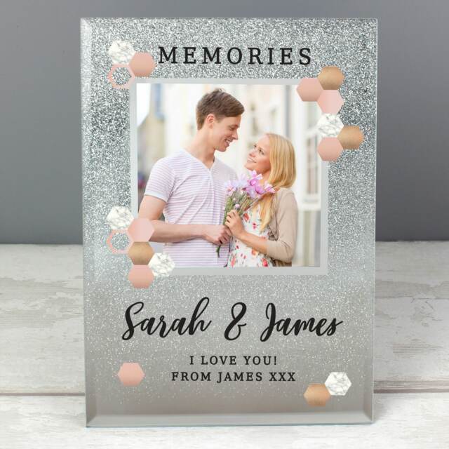 Personalised Cute Hexagon Design 4x4 Glitter Glass Photo Frame Silver One Size