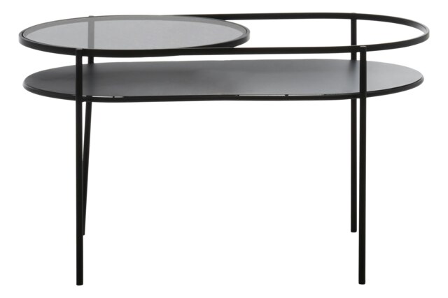 Orsina Modern Two Tier Black Table, Glass Cocktail Table, Metal and Glass Sofa Table, Versatile Oval-Shaped Table