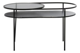 Orsina Modern Two Tier Black Table, Glass Cocktail Table, Metal and Glass Sofa Table, Versatile Oval-Shaped Table