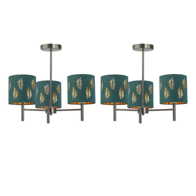 Set of 2 Brea - Antique Brass Light Fittings & Dark Green Fern Shades Yellow Green 2