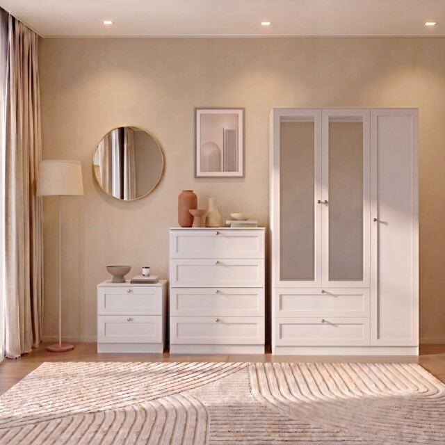 Vida Designs Altino 3 Piece Bedroom Set (2 Drawer Bedside, 4 Drawer Chest, 3 Door 2 Drawer Mirrored Wardrobe), White