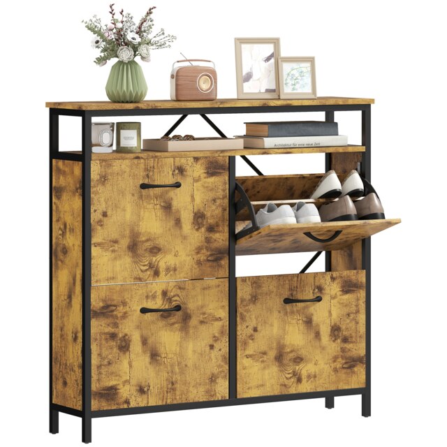 HOMCOM Shoe Cabinet with 4 Flip Drawers, Holds 12-20 Pairs, Rustic Brown Brown 1
