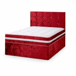 2ft6 Small Single Red Crushed Velvet Divan Bed Set Orthopaedic Mattress with Cube Headboard 2 Drawers Same Side