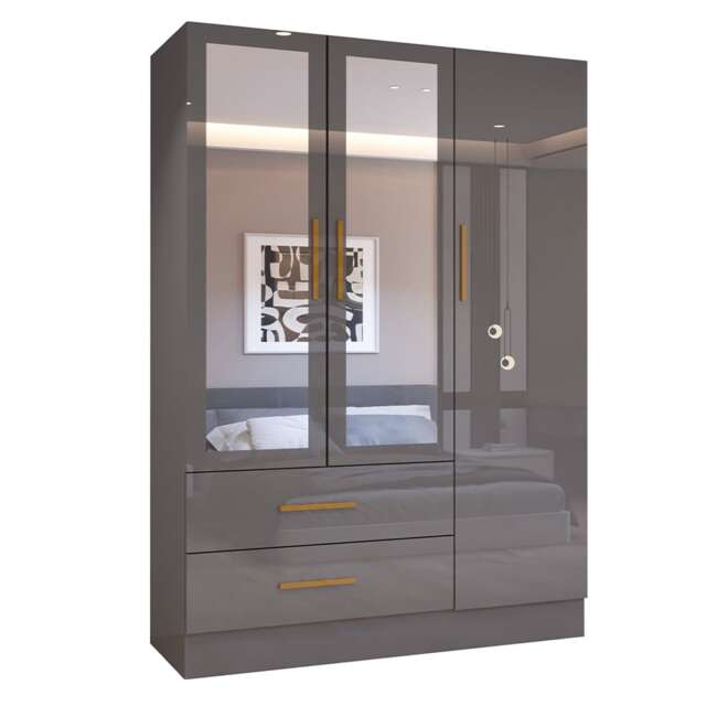Modern High Gloss 3 Door Hinged Bedroom Wardrobe with Mirror and Drawers - Grey 120cm