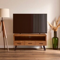 Orsina Three‑Drawer Acacia Media Unit, Natural Acacia Wood TV Cabinet with Open Shelf & Drawers, Industrial Black