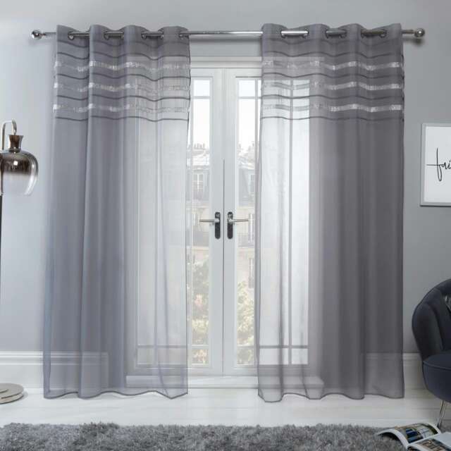 "OHS Latina Diamante Band Eyelet Sheer Net Voile Curtains, 55x87"" - Charcoal"