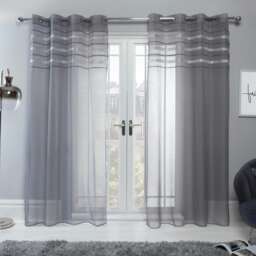 "OHS Latina Diamante Band Eyelet Sheer Net Voile Curtains, 55x87"" - Charcoal"