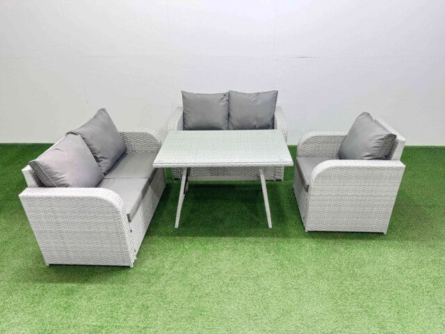 Fimous 5 Seater Outdoor Rattan Garden Furniture Set Love Sofa Reclining Chair Set with Rectangular Dining Table Light Grey