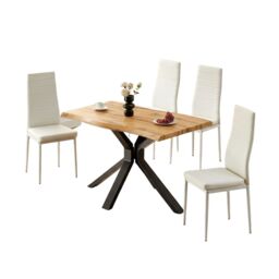 Wooden Dining Table with 4 White Faux Leather Chairs - Dining Kitchen Room Furniture