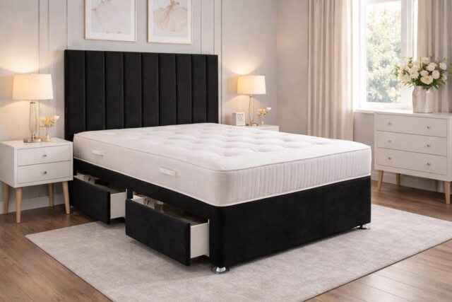 Black Suede Divan Small Single 2ft6 9 Panel Divan with Headboard and Orthopaedic Mattress Storage 2 Drawers Same Side