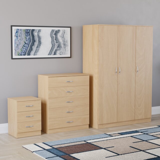 Vida Designs Riano 3 Piece Bedroom Set (3 Drawer Bedside Chest, 5 Drawer Chest, 3 Door Wardrobe) - Pine