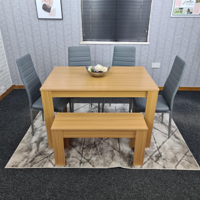 KOSY KOALA 6 Seater Modern Light Wood Dining Table Set with 4 Grey Faux Leather Chairs and Bench Metal Legs H75 x L140 x W80 cm
