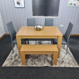 KOSY KOALA 6 Seater Modern Light Wood Dining Table Set with 4 Grey Faux Leather Chairs and Bench Metal Legs H75 x L140 x W80 cm