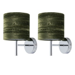 Set of 2 Brea - Chrome Wall Lights with Green Crushed Velvet Shades Chrome Green 2