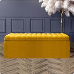 90cm Safar Large Striped Storage Ottoman Box, Mustard Gold Plush Velvet Upholstered Deep Storage Ottoman End of Bed Bench