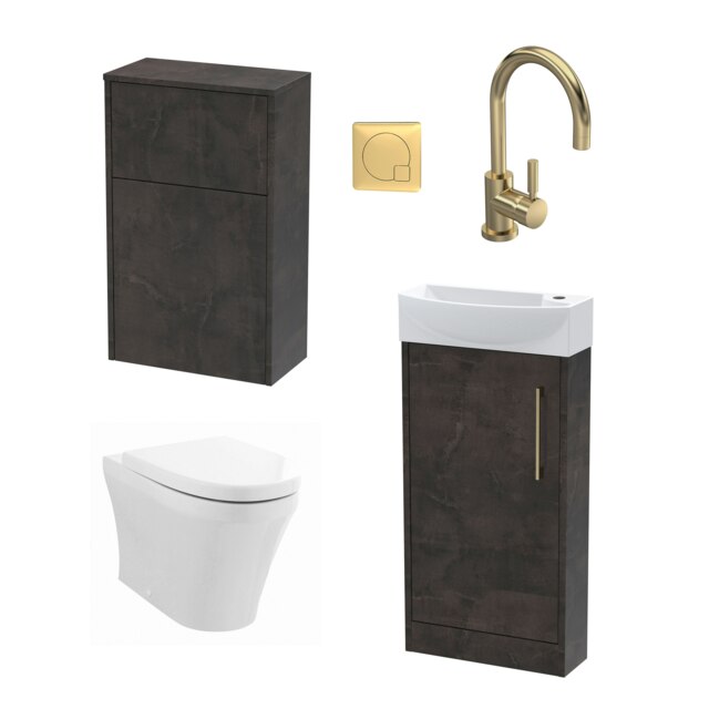 Cloakroom Suite - Left Hand 440mm Vanity, WC Unit, Toilet and Tap - Slate/Brass Multi