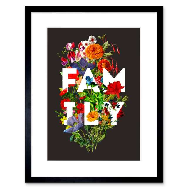 "Floral Layered Word Family Flowers 9x7"" Black Framed Wall Art Print"