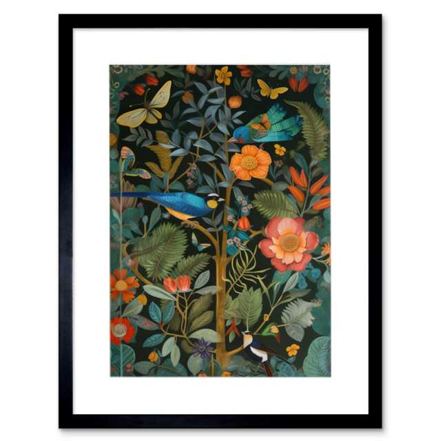 Birds and Butterflies Modern Flower Nouveau Artwork Framed Wall Art Print