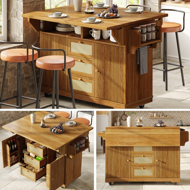 VILUXE 142.5 cm Foldable Kitchen Serving Trolley with PE Rattan Drawers, 40-80 cm Worktop, Adjustable Shelves, Side Storage and Castors, Dark Brown