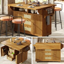 VILUXE 142.5 cm Foldable Kitchen Serving Trolley with PE Rattan Drawers, 40-80 cm Worktop, Adjustable Shelves, Side Storage and Castors, Dark Brown