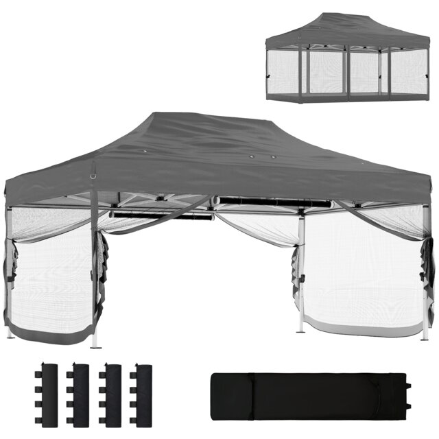 Outsunny 3 x 4.5 m Pop Up Gazebo with Mesh, Heavy Duty Party Tent Marquee Grey Dark Grey 450 x 300 x 340 cm