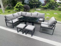 Fimous Aluminum Outdoor Garden Furniture Corner Sofa Chair Footstools Adjustable Rising Lifting Dining Table Sets Dark Grey Black Tempered Glass 9 Seater