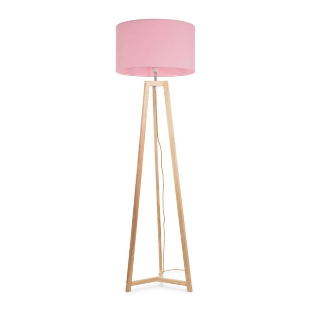 ValueLights Lottie Natural Wood Tripod Floor Lamp Blush Pink Shade and Bulb