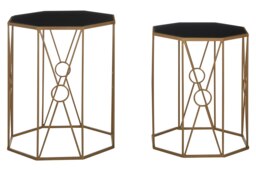 Interiors by Premier Trento Set of 2 Black Glass End Tables, Copper Finish Metal Frame Side Tables for Living Room Gold