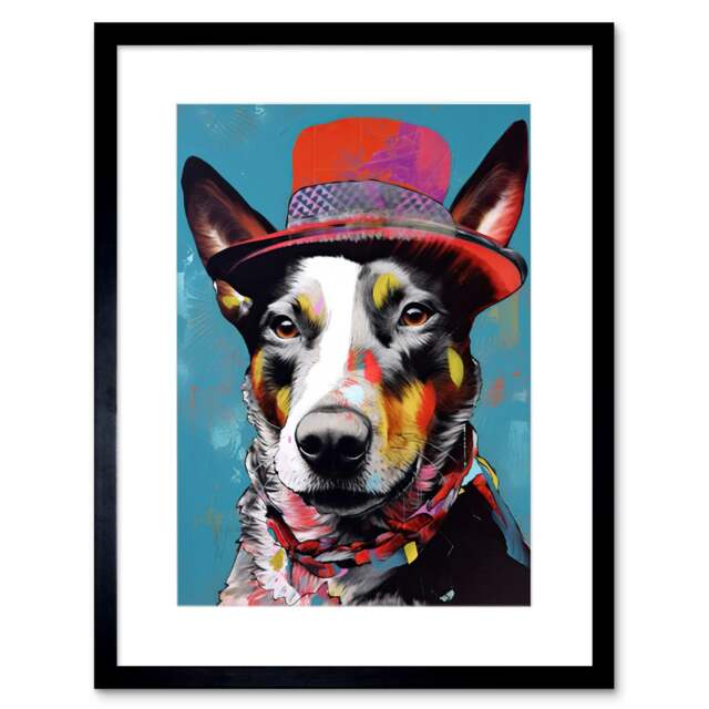 "Australian Kelpie Red Top Hat Modern Folk Art 9x7"" Black Framed Wall Art Print"