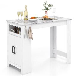 COSTWAY Bar Table Faux Marble Pub Table with 7 Hanging Hooks White
