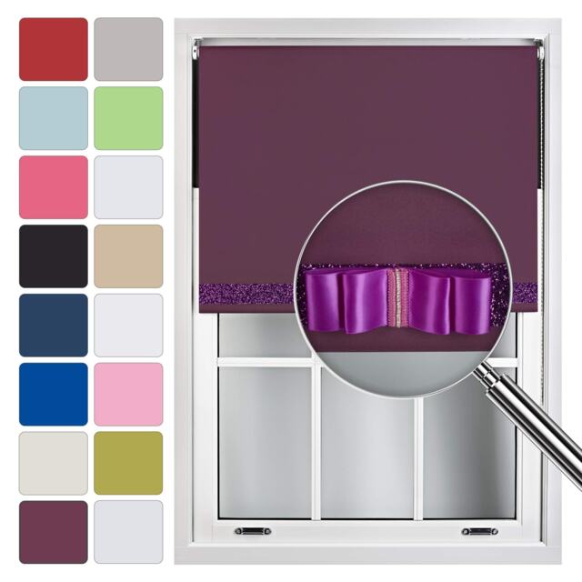 FURNISHED Blackout Roller Blind with Purple Glitter Trim and Purple Bow Cut to Size Purple Aubergine (W) 150cm x (L) 210cm