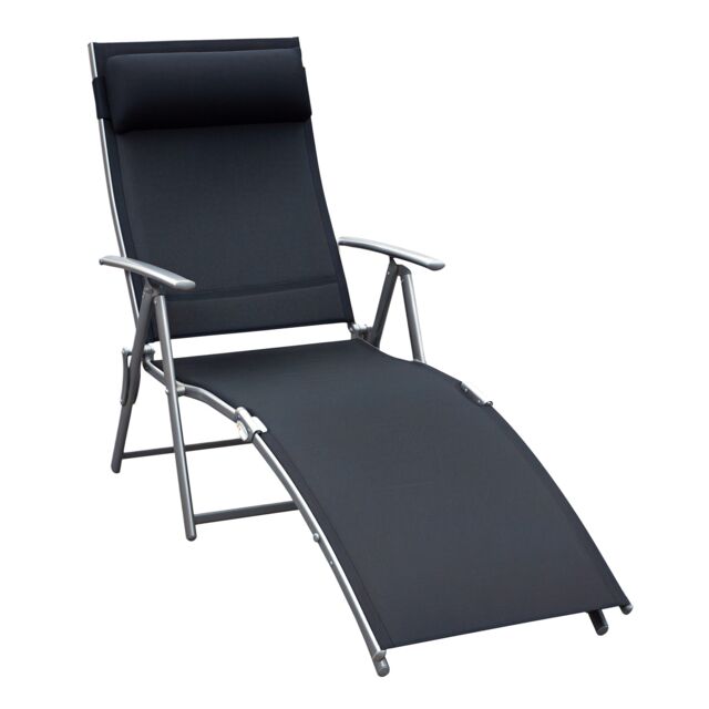 Outsunny Sun Lounger Recliner w/ Pillow Foldable 7 Levels Textilene Black Black