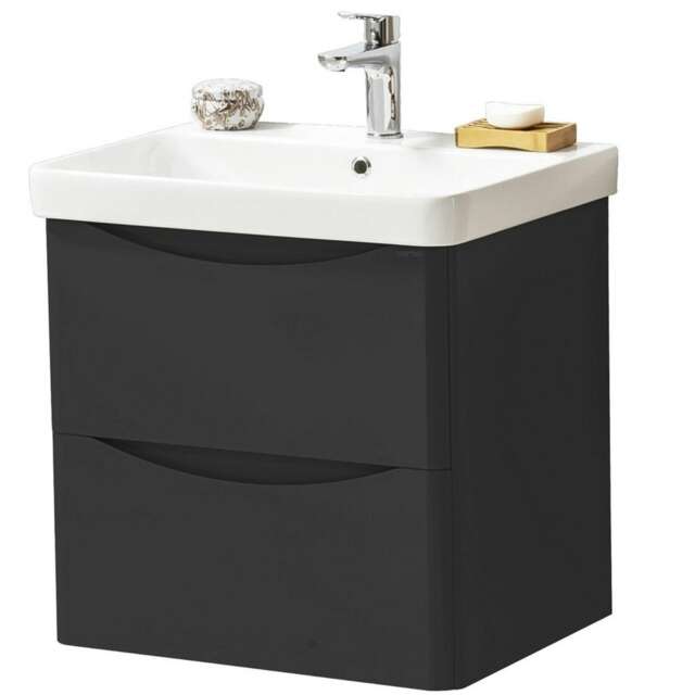 Bathroom Wall Mounted 2-Drawer Vanity Unit with Basin 600mm Wide - Matt Graphite - (Arch) - Brassware Not Included Grey Grey 1