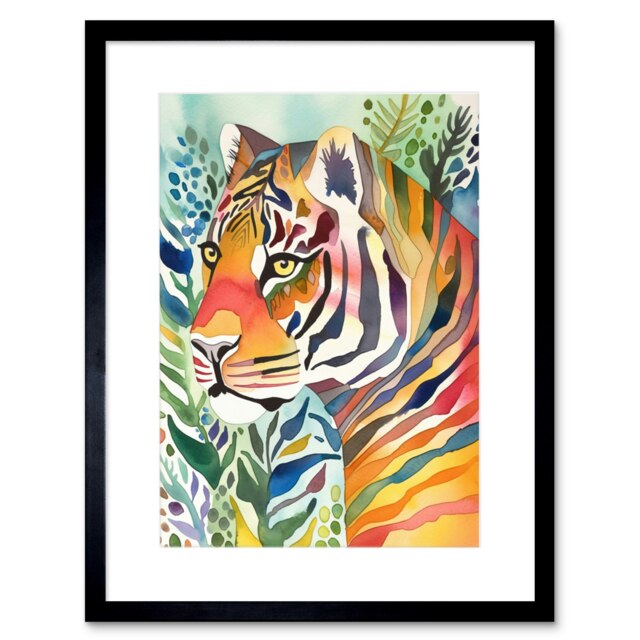 "Colourful Tiger Watercolour Folk Art Big Cat Lover 9x7"" Black Framed Wall Art Print"
