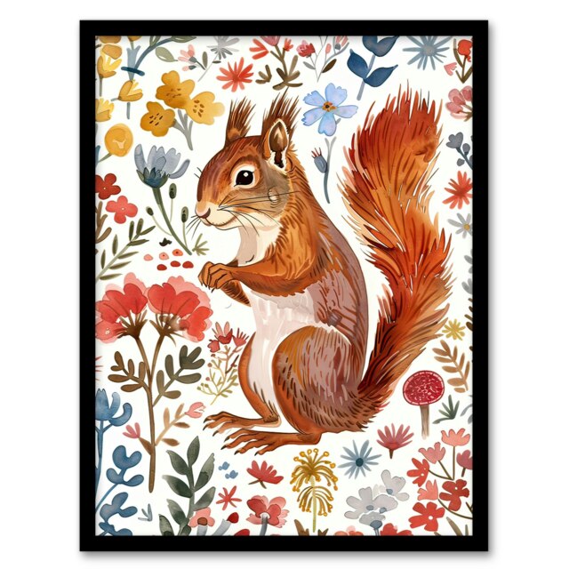 Red Squirrel Bright Floral Watercolour Black Framed Wall Art Print A4