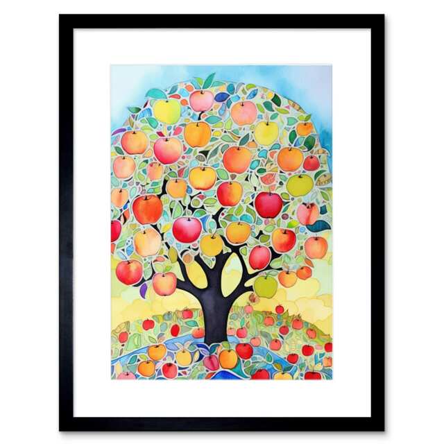 "Apple Tree Fruit Harvest Day Folk Art Bright Watercolour 9x7"" Black Framed Wall Art Print"