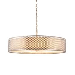 Cordero Cylindrical Pendant Ceiling Light Satin Nickel Plate, White Fabric & Frosted Glass 5x E27