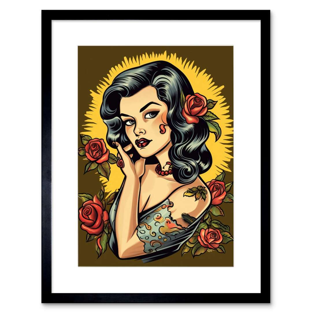 Retro Tattoo Pin Up Girl Roses Americana 1950s 9x7\, image size:1080x1080