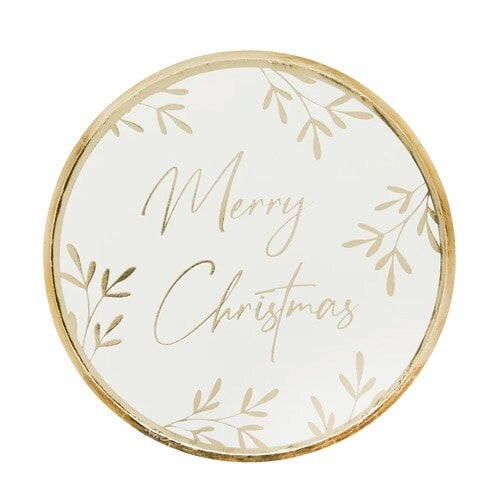 Gold Foil Merry Christmas Foliage Round Paper Plates 23cm - Pack of 8