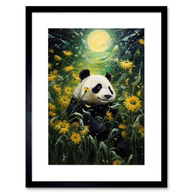 "Midsummer Night's Panda Dream Sunflower Moon 9x7"" Black Framed Wall Art Print"